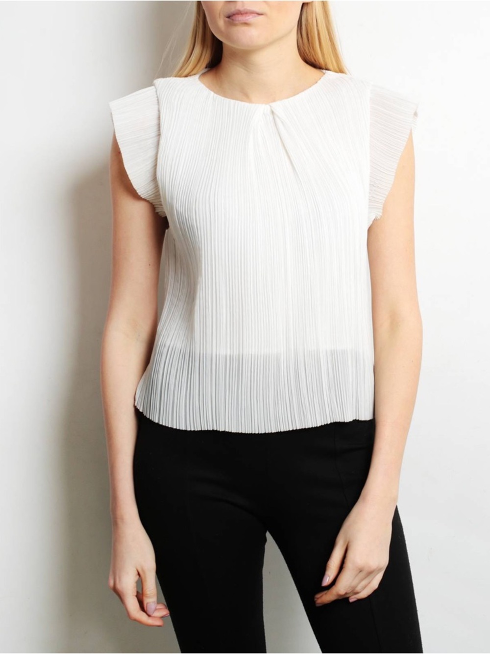Pleated White Flutter Sleeve Blouse